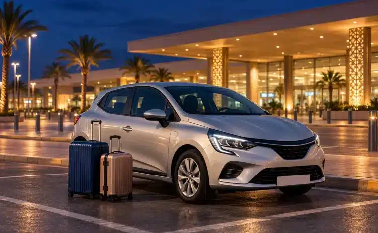 Illustration d’une voiture de location argentée et de valises devant un terminal d’aéroport éclairé la nuit