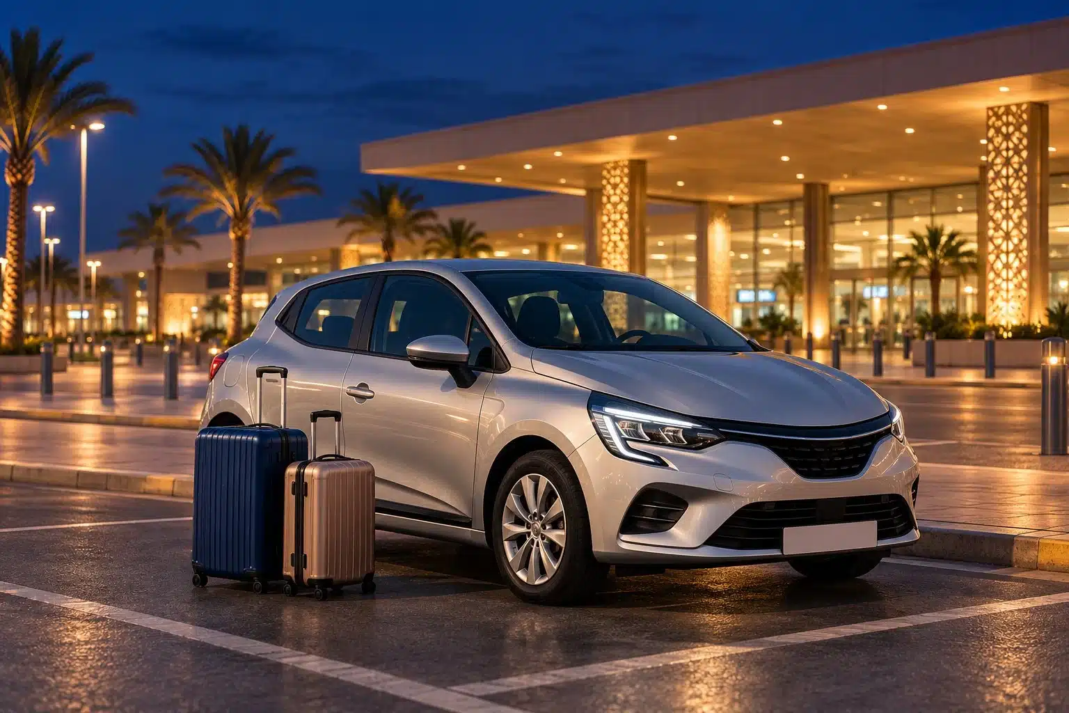 Agadir Airport Car Rental: Late-Night Arrival Guide 1 Illustration d’une voiture de location argentée et de valises devant un terminal d’aéroport éclairé la nuit